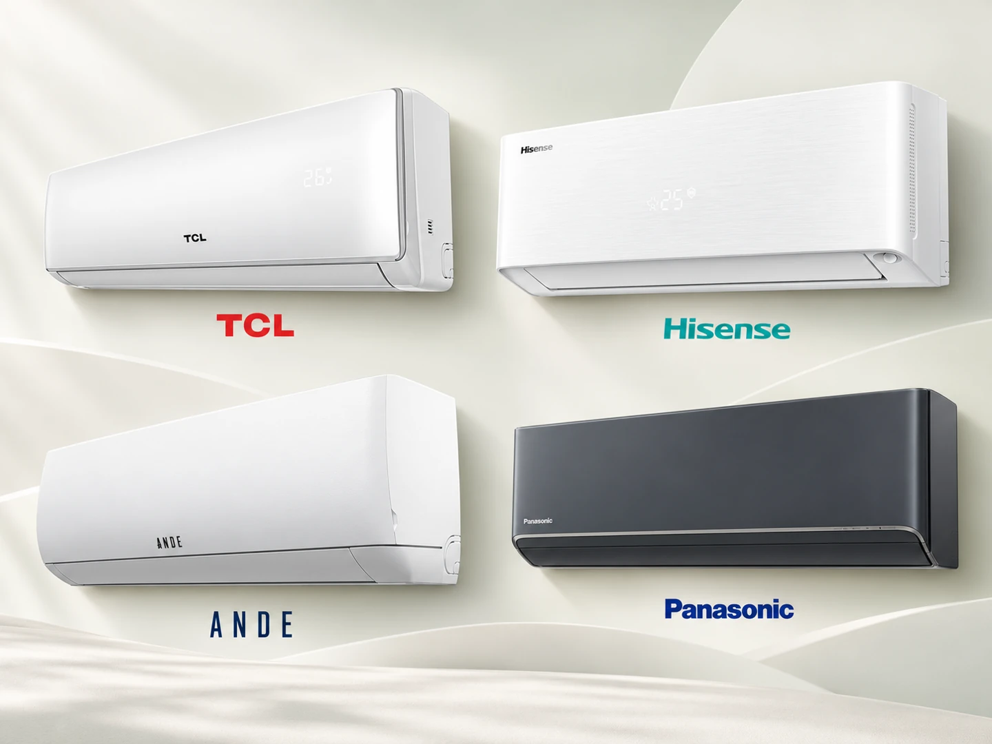 Kolaż klimatyzator&oacute;w TCL, Hisense, ANDE i Panasonic